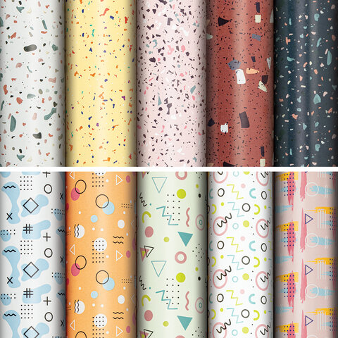 Бумага упаковочная подарочная мелованная "Terrazzo&Memphis", 70х100 см, 10 дизайнов ассорти, ЗОЛОТАЯ СКАЗКА