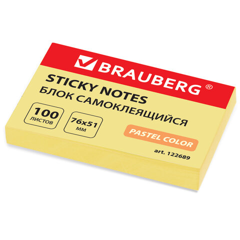 Блок самоклеящийся (стикеры) BRAUBERG, ПАСТЕЛЬНЫЙ, 76х51 мм, 100 листов, желтый