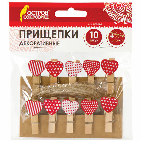Прищепки декоративные "Сердечки", 10 штук, 3,5 см, ассорти, со шпагатом, ОСТРОВ СОКРОВИЩ