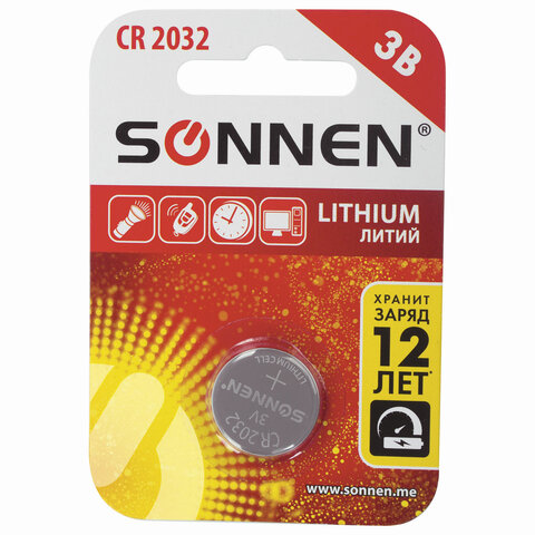 Батарейка SONNEN Lithium, CR2032, литиевая, 1 шт.