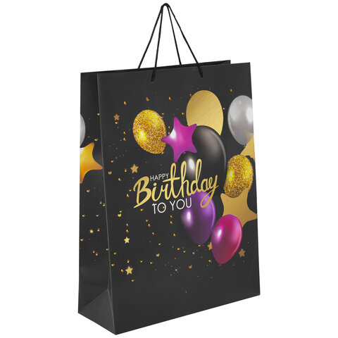 Пакет подарочный (1 штука) 33x13x45 см, ЗОЛОТАЯ СКАЗКА "Happy Birthday", фольга, черный