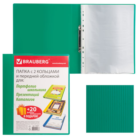 Папка для портфолио и презентаций, 2 кольца, 20 файлов, пластик, зеленая, BRAUBERG