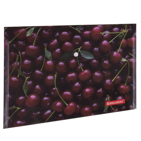 Папка-конверт с кнопкой BRAUBERG "CHERRY", А4, 160 мкм, до 100 листов, цветная печать