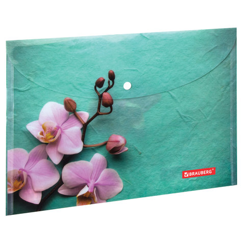 Папка-конверт с кнопкой BRAUBERG "FLOWER", А4, 160 мкм, до 100 листов, цветная печать
