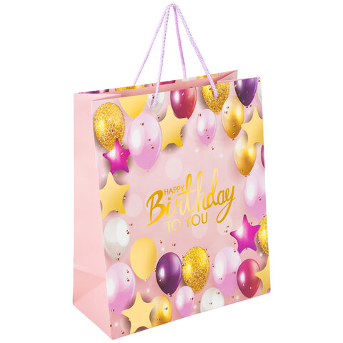 Пакет подарочный (1 штука) 26x13x32 см, ЗОЛОТАЯ СКАЗКА "Happy Birthday", фольга, розовый