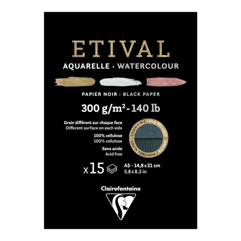Альбом для акварели, 15л., А5, на склейке Clairefontaine "Etival", 300г/м2, холодное прессование