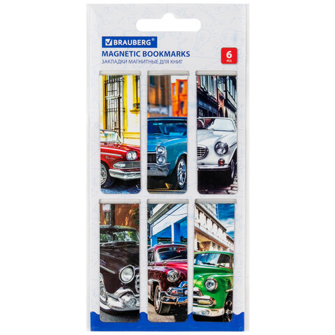 Закладки для книг МАГНИТНЫЕ, "RETRO CARS", набор 6 шт., 60x20 мм, BRAUBERG